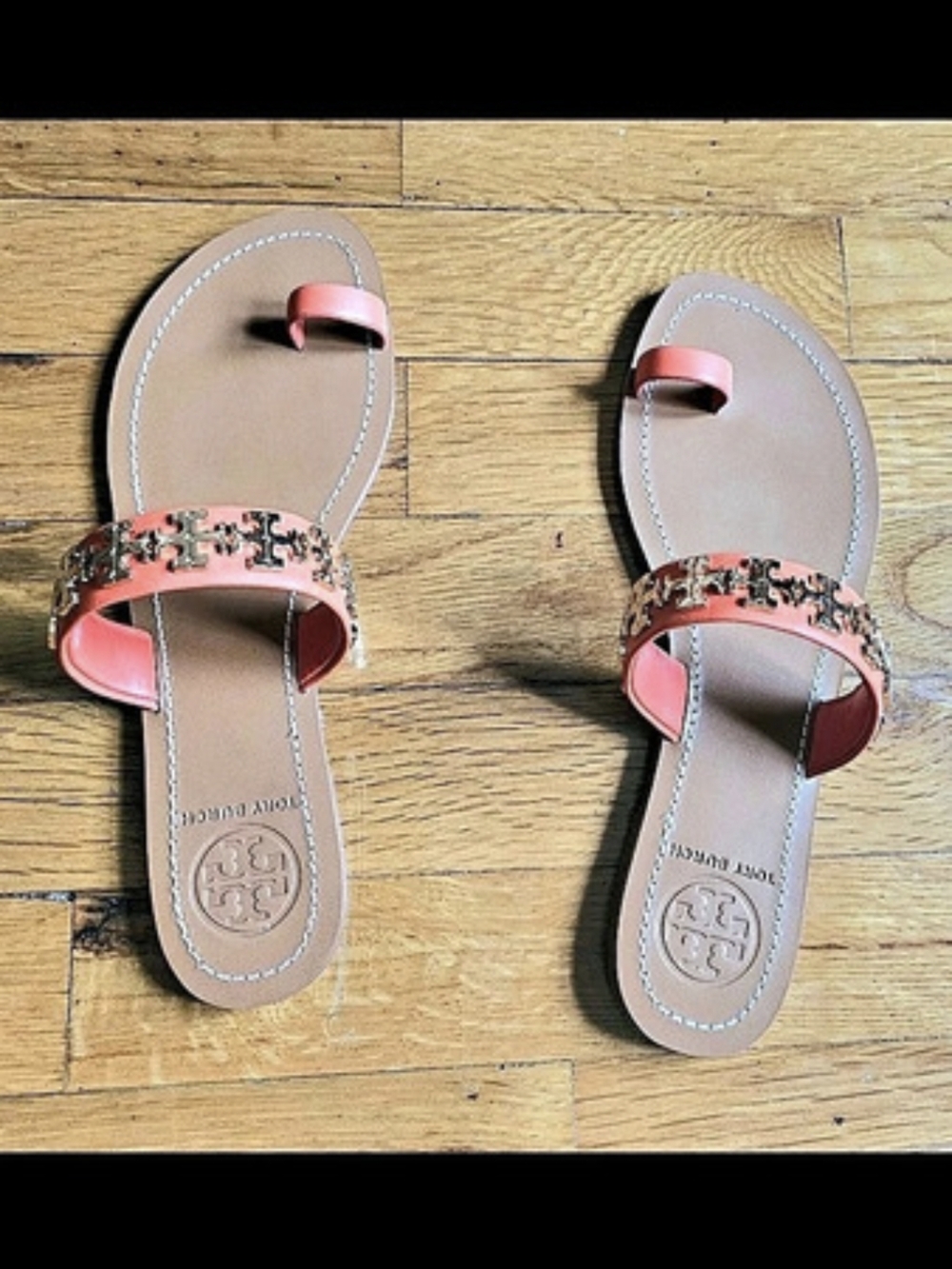 Tory Burch Miller Patent Sandal Patterned Strap Sandals in Pink & Orange